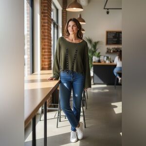 LF BSBW Green Distressed Cropped Sweater with lace-up eyelet details. 
Size M